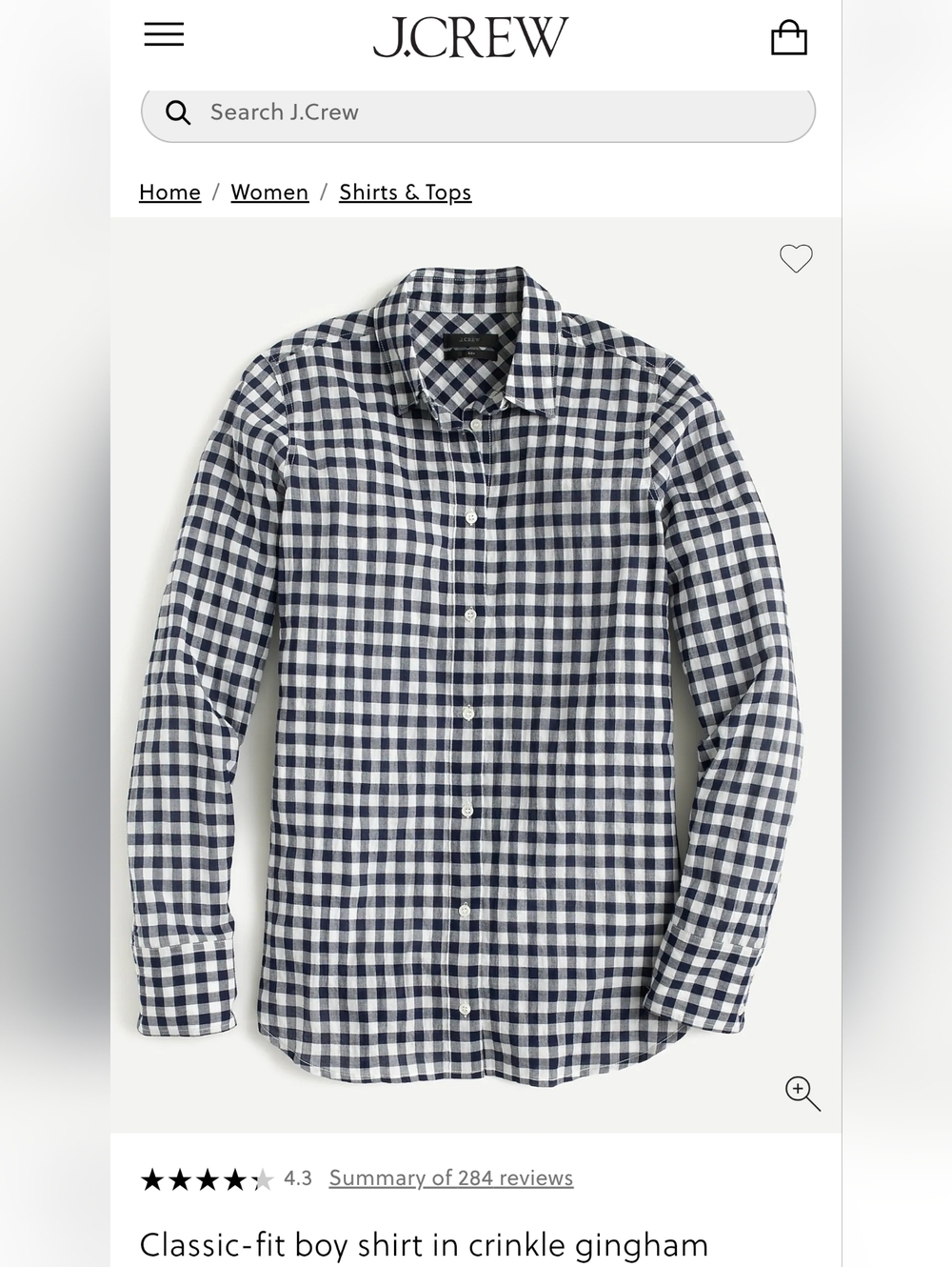 J Crew Gingham Button-Up Shirt - Navy & White Size Large